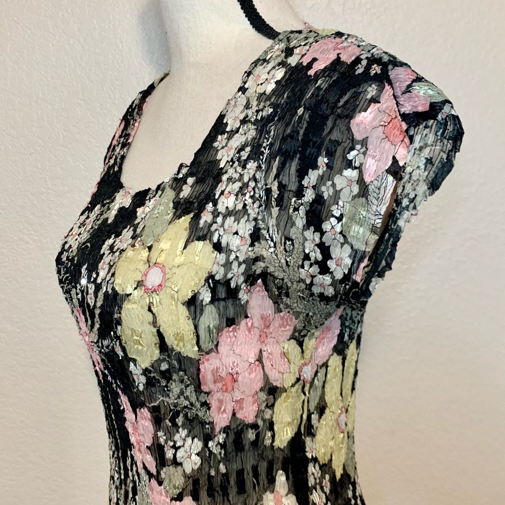 Alberto Makali Floral Semi-Sheer Top Short Sleeves Sequins Details Black Medium - Picture 7 of 14